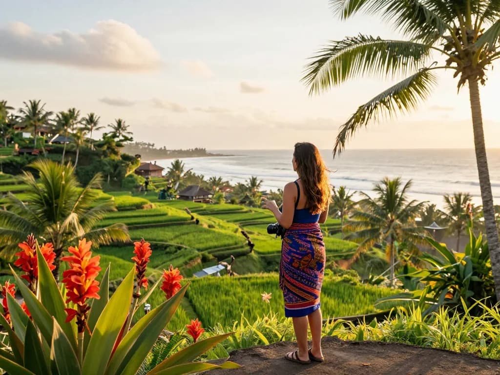 Bali tour packages experience with traveler enjoying the island's breathtaking landscapes during sunset.