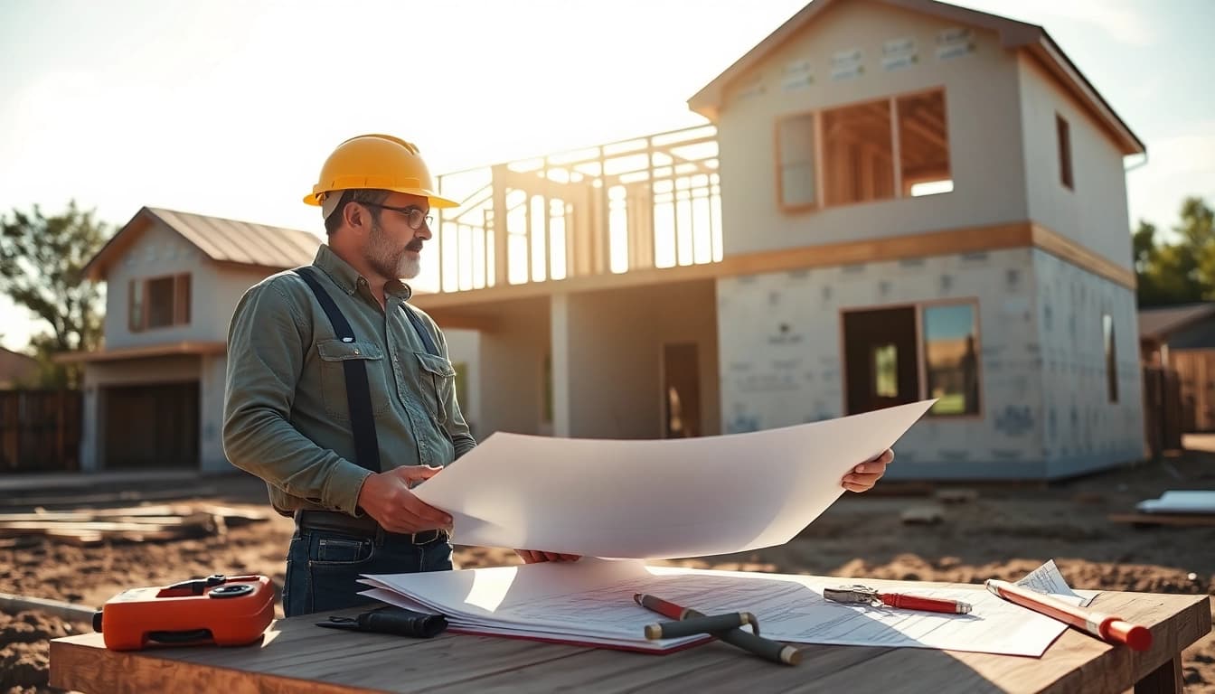 Austin general contractor collaborating with a homeowner over plans on a construction site.