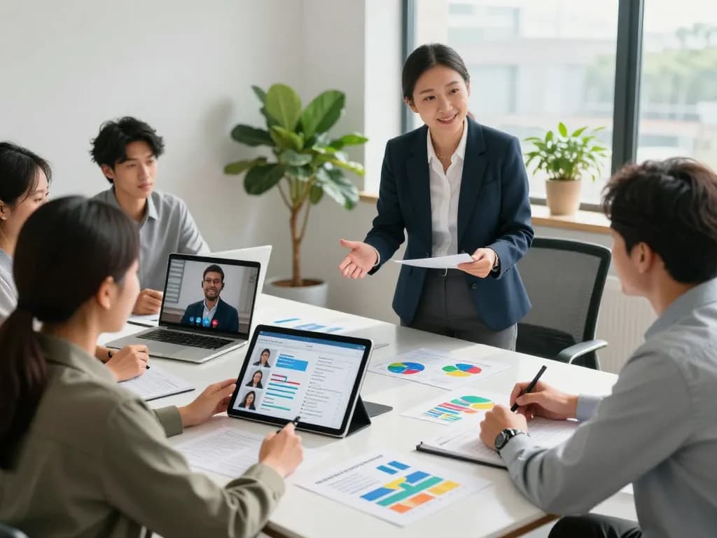 Professional recruitment team collaborating on temp agencies solutions, showcasing modern office environment with diverse members.