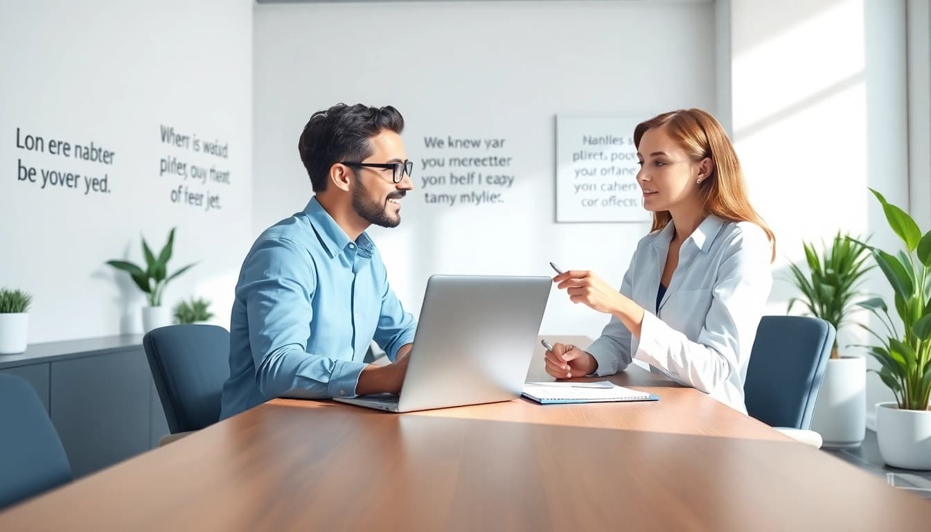Engaging scene with a career consultant guiding a client in a professional office environment.