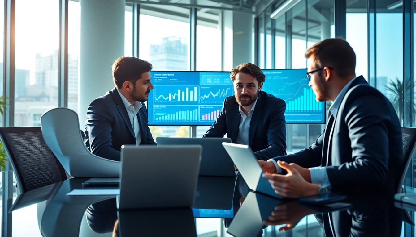Analyzing data for b2b competitive intelligence with a professional business team in a modern office.