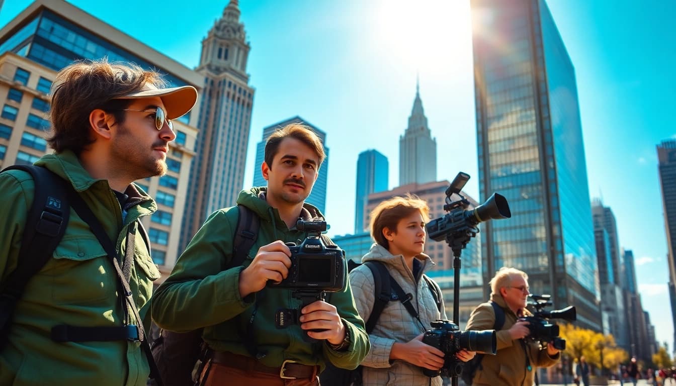 Location scouting in a dynamic urban environment with professionals evaluating potential filming locations.