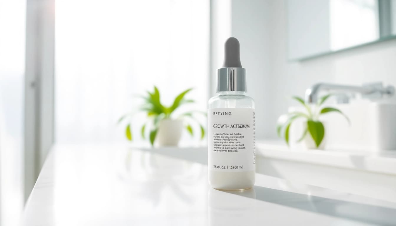 Showcasing an affordable growth factor serum bottle amidst a refreshing skincare setup.