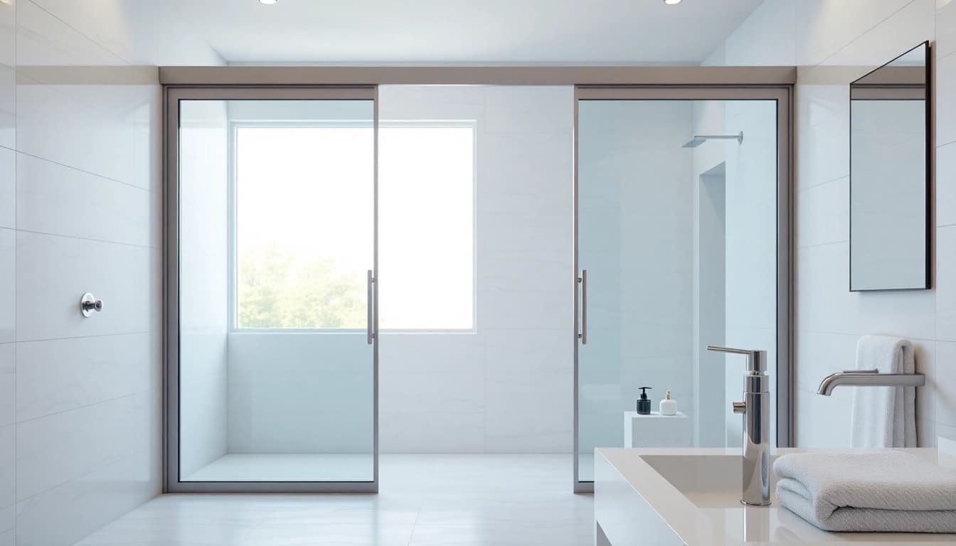 Showcase of elegant shower doors sliding widely, enhancing a modern bathroom's aesthetics.