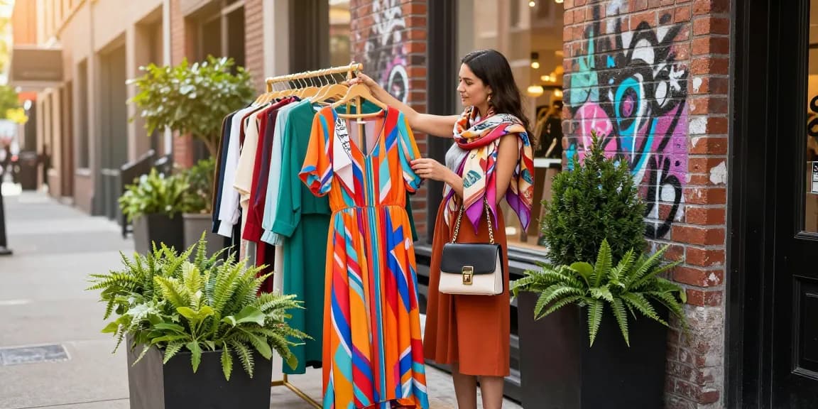 Woman in modest clothing exploring a chic boutique with vibrant accessories.