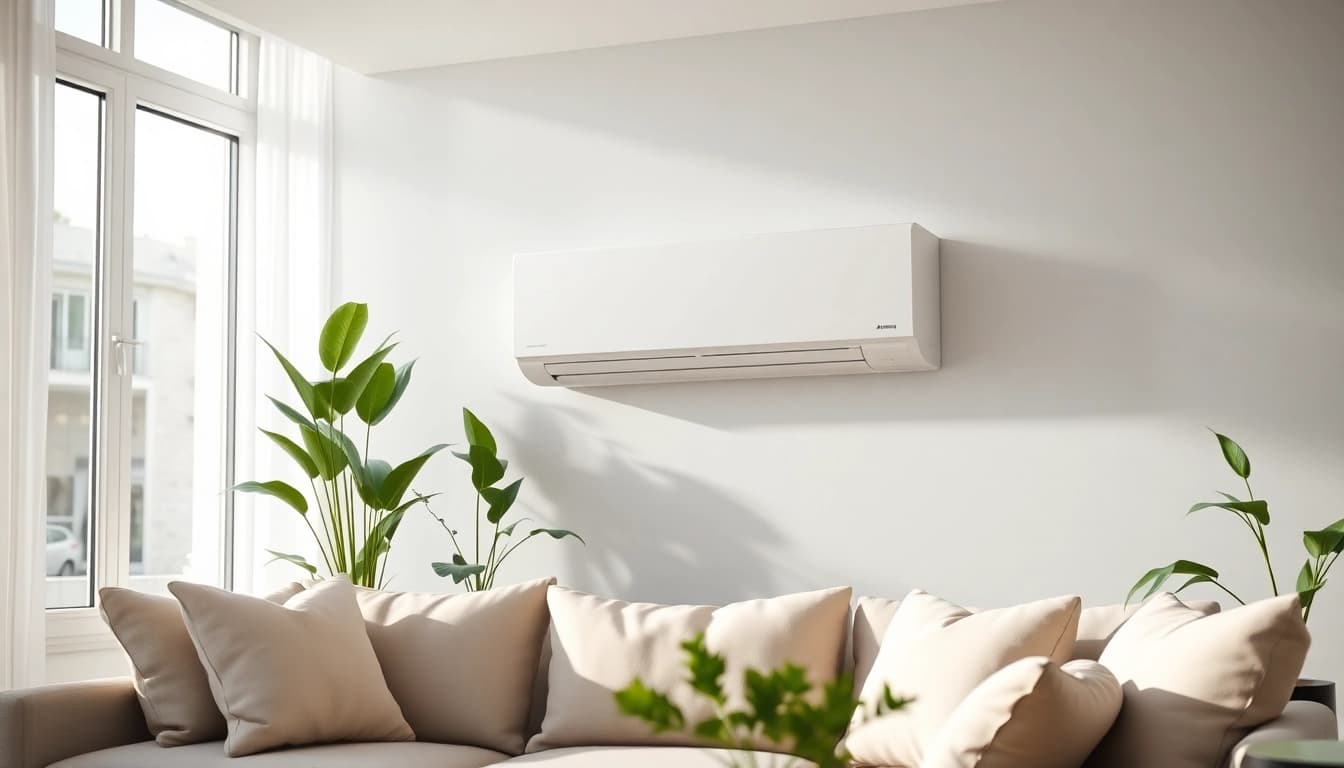 Showcasing Mitsubishi mini split AC in a modern living room setting with stylish decor.