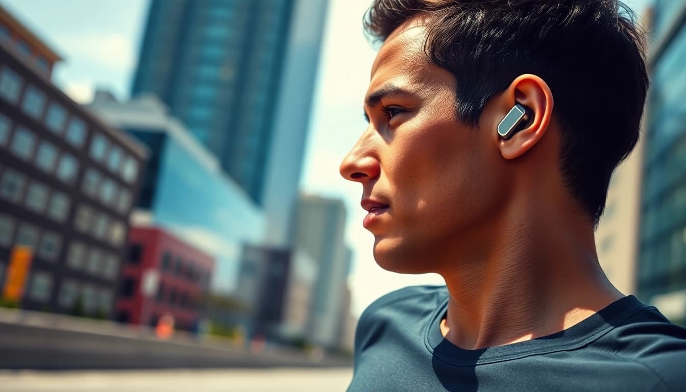 Experience high-performance F1 Bone Conduction Headphones worn by a runner in an urban setting.