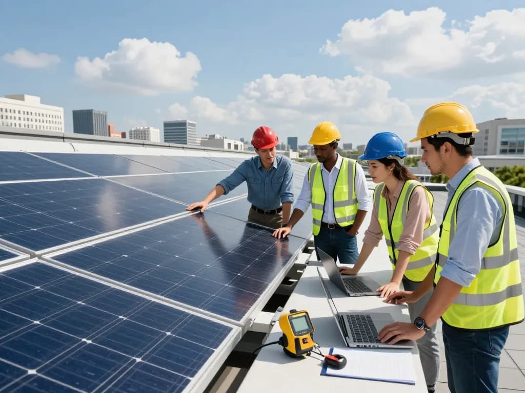 Team installing solar panels highlighting empreinte carbone des modules PV et EPD on a rooftop with a city view.