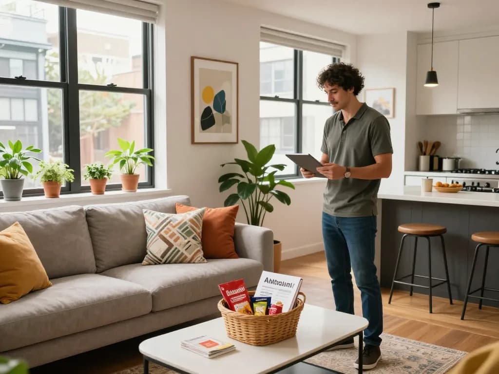 Airbnb management Sydney scene featuring a stylish apartment with Antoun preparing a welcoming atmosphere for guests.