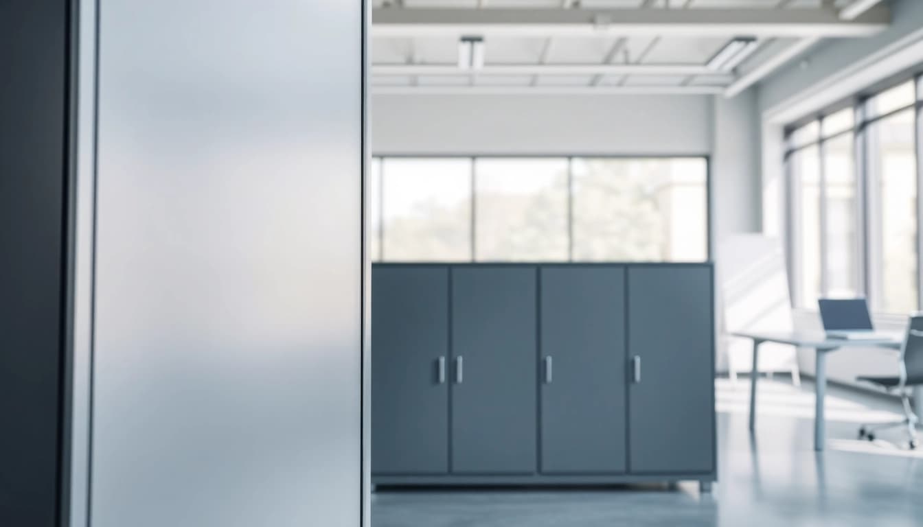 Organized workspace with a modern steel cabinet showcasing its sleek design and functionality.