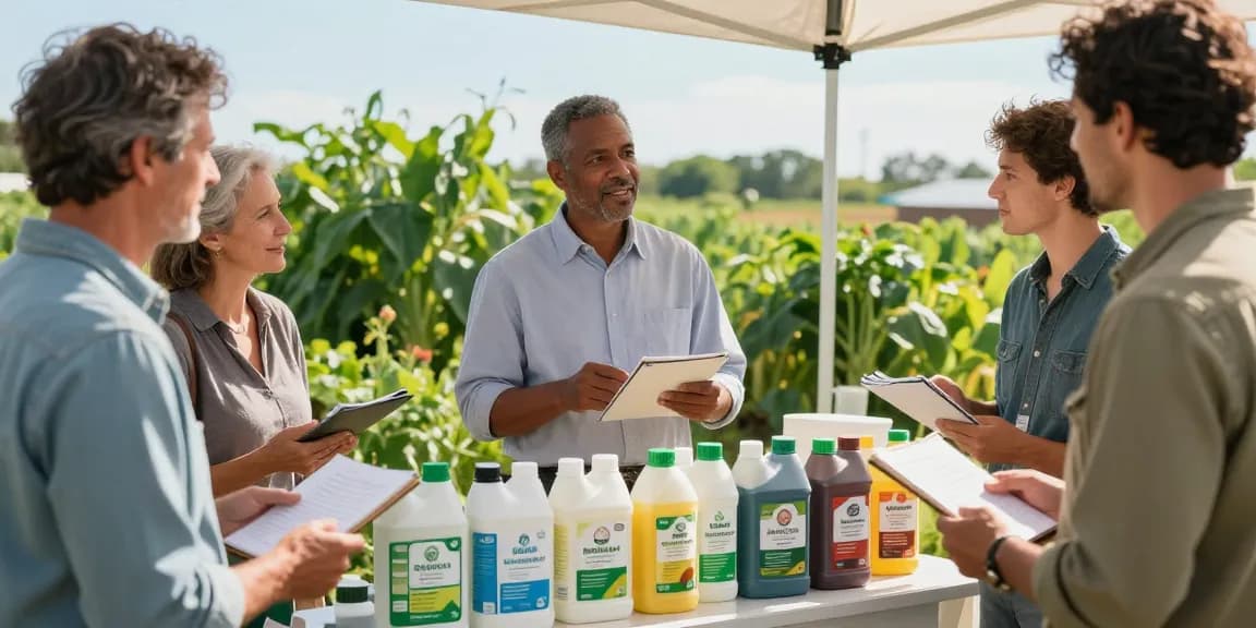 Agricultural chemicals supplier engaging with farmers at a vibrant market, showcasing diverse crop health solutions and products.