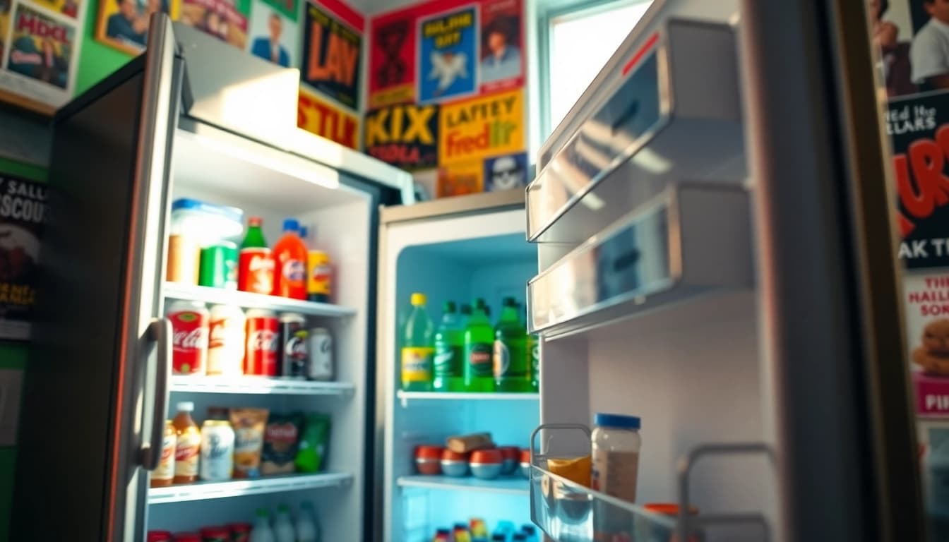 A lively dorm room fridge brimming with snacks and drinks, showcasing a vibrant college atmosphere.