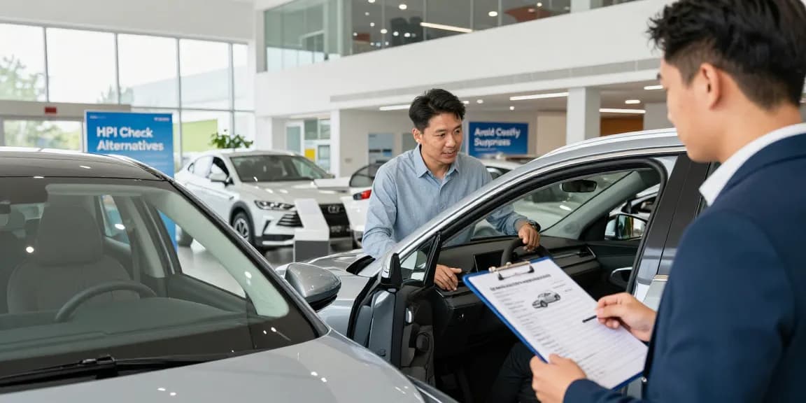 Prospective buyers exploring HPI check alternative cars in a well-lit dealership showroom.