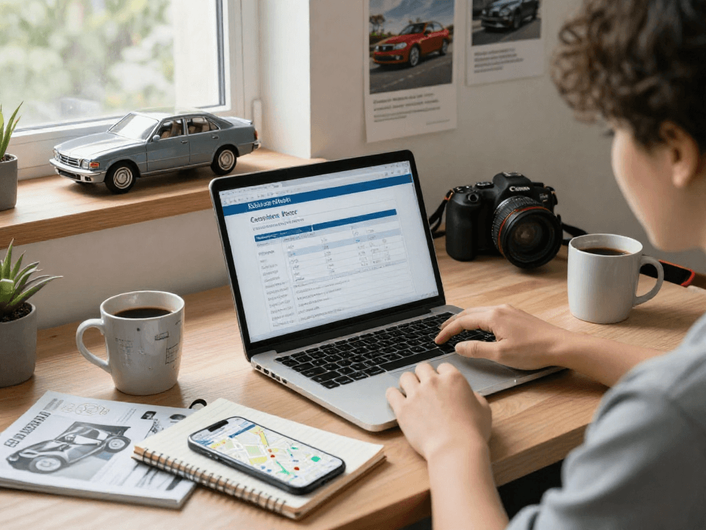 Researching a car history report online with vehicle manuals and car model on desk.