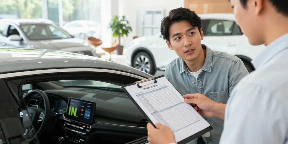 Potential buyer reviewing autocheck vehicle history report in a car dealership.