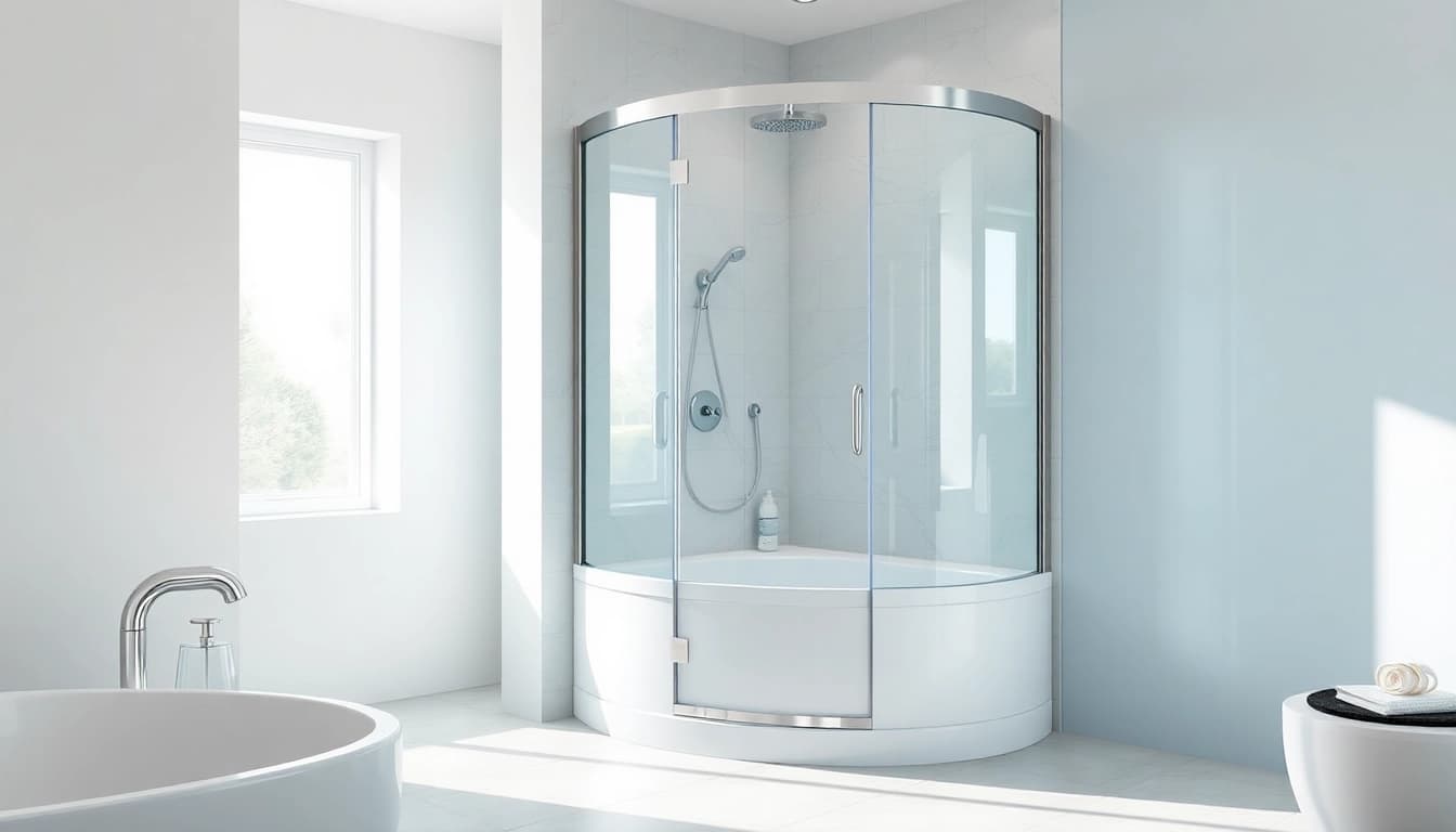 Duschkabine 80x80 in einem modernen Badezimmer mit eleganten Glaselementen und chromatischen Akzenten.