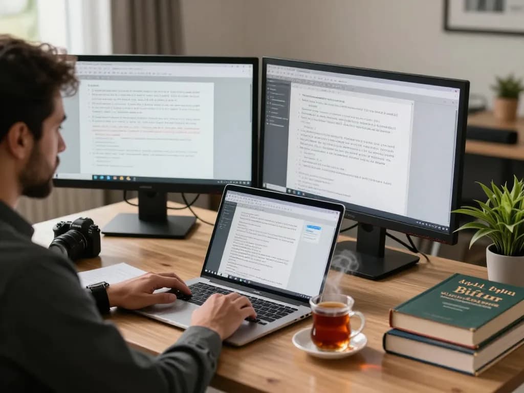 Arabic Translation Services workspace with a translator engaged in document translation, showcasing cultural references and tools.