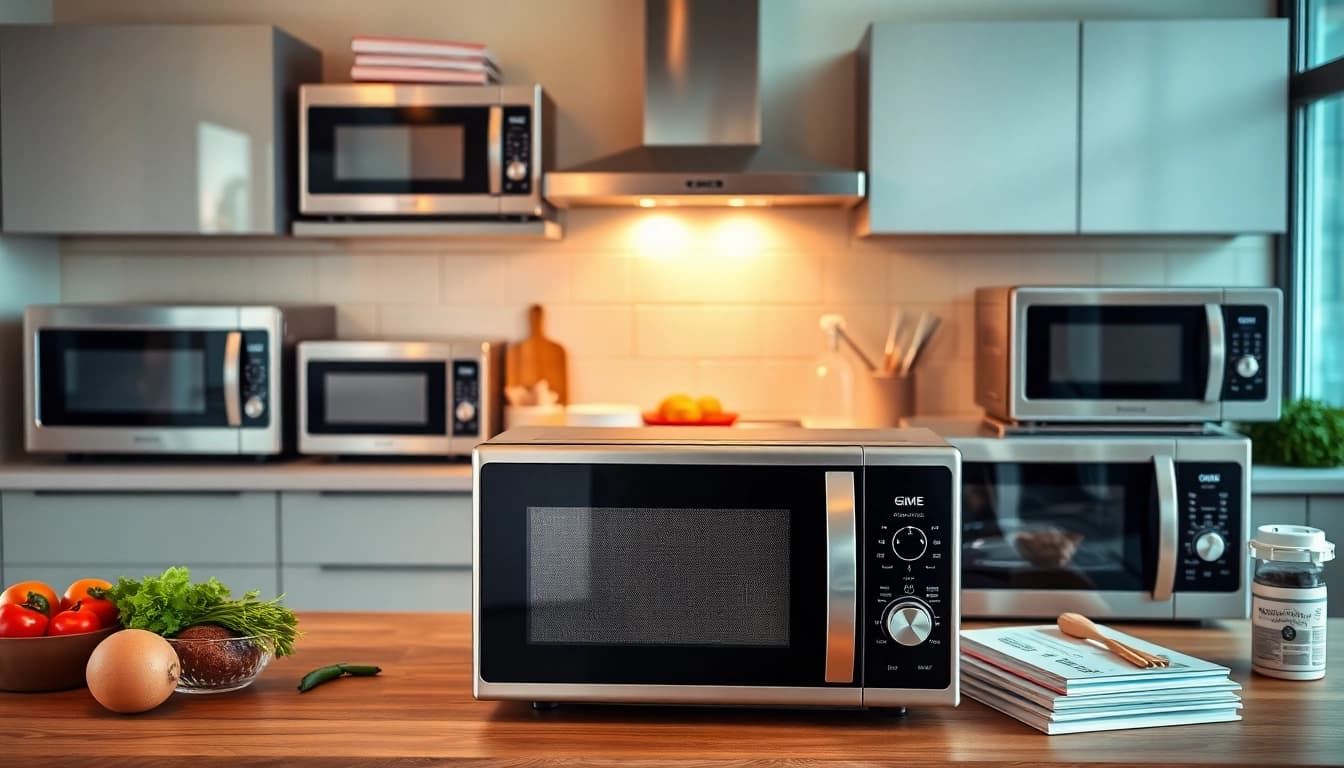Showcase of Microwave Oven Sales with various models and kitchen ingredients