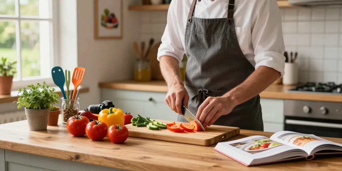 Fresh vegetables being sliced on a bamboo cutting board in a warm kitchen.