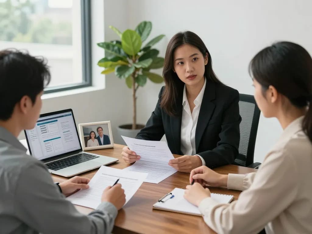 Estate planning lawyer Aurora consulting a couple with legal documents in a modern office.