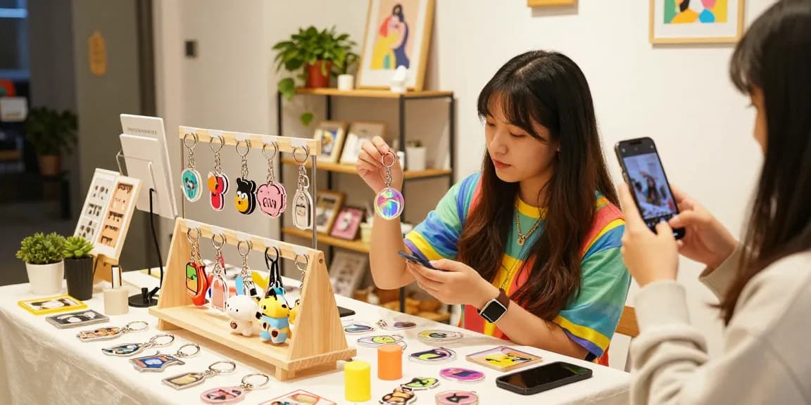 Exploring a colorful array of custom keychains in a vibrant shop setting.