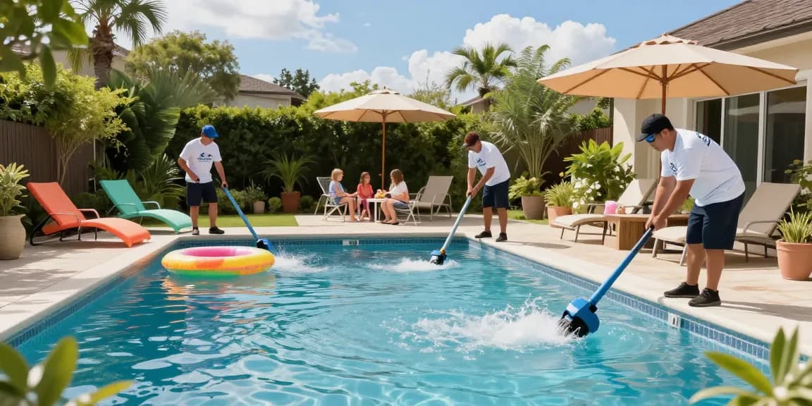 Dolphin Pool Services technicians expertly maintaining a vibrant residential pool during a sunny afternoon, showcasing professionalism and attention to detail.