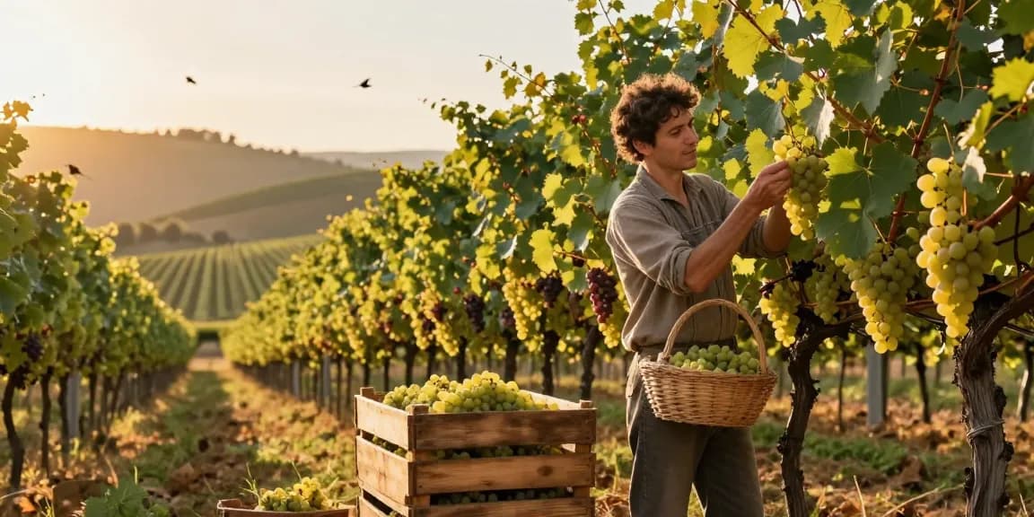 Chattoowines vineyard worker inspecting ripe grapes in golden light.