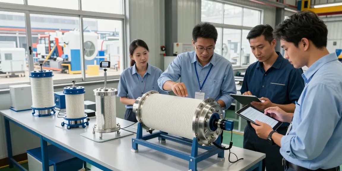 Engineers collaborating on innovative bag filter design in a busy manufacturing environment