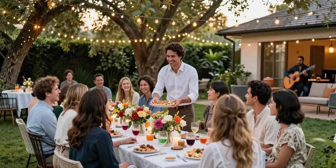 Engaging outdoor garden party highlighting entertaining blogs with joyful hosts, vibrant decor, and festive ambiance.