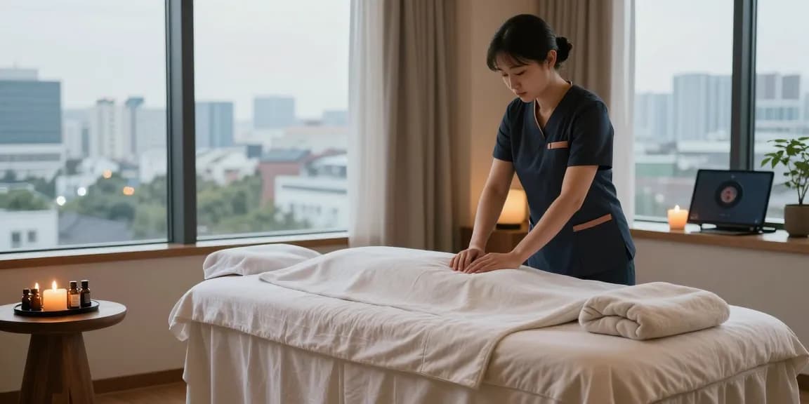 Relaxing hotel massage setup for 파주출장마사지 clients with candles and natural light.