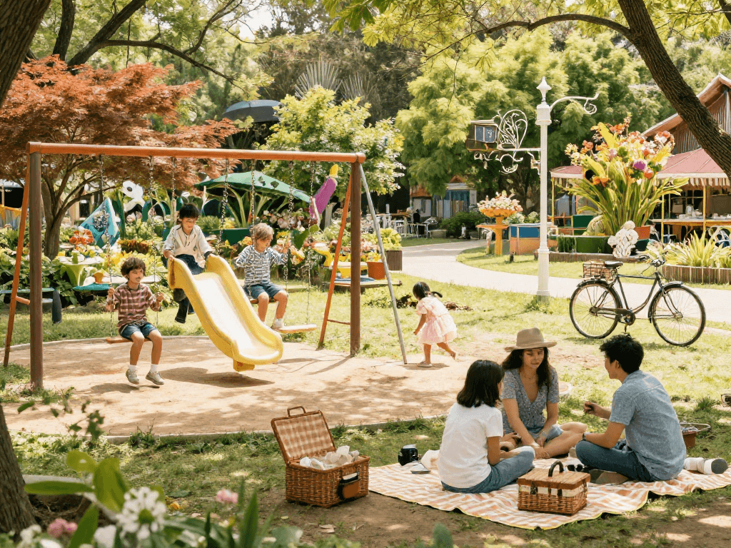 Families enjoying a sunny day at https://sharkysvintagepark.com with vintage swings and picnic blankets.