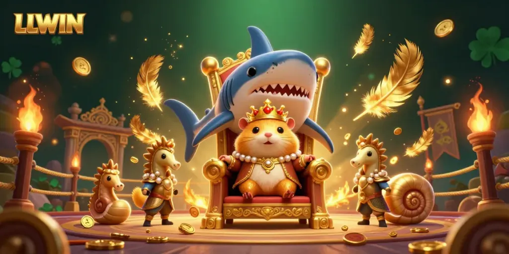 Experience the thrill of LLWIN with a whimsical illustration featuring a hamster king on a shark throne surrounded by royal guards.