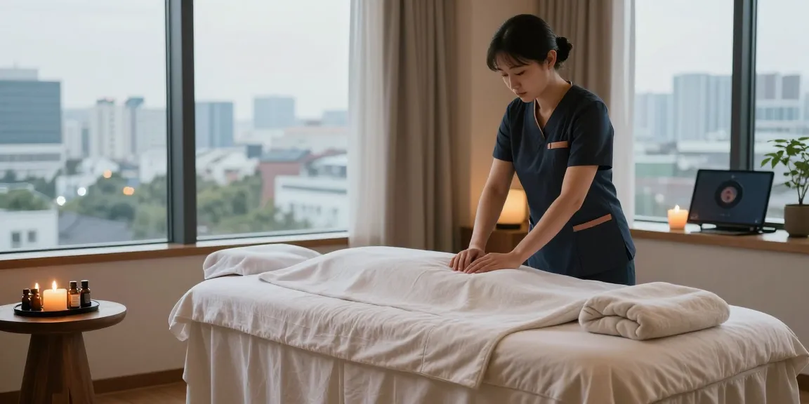 Relaxing hotel massage setup for 파주출장마사지 clients with candles and natural light.