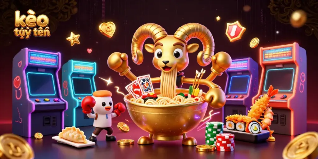 Engage with the thrilling kèo trực tuyến action featuring a giant ramen bowl character surrounded by vibrant game elements.