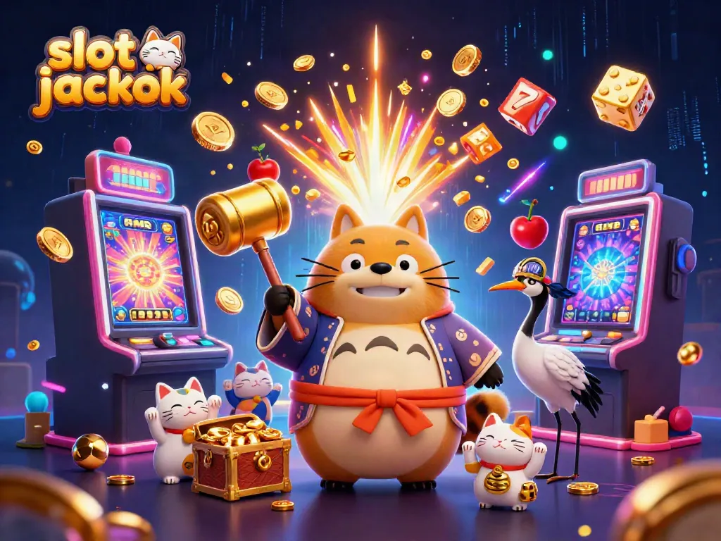 Jackpot slot dengan raccoon bahagia dan simbol keberuntungan dalam ilustrasi 3D yang menarik.