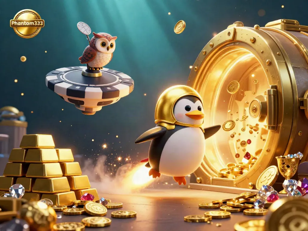 Engage in thrilling games at Phantom333, where a golden penguin soars through a vibrant casino galaxy.
