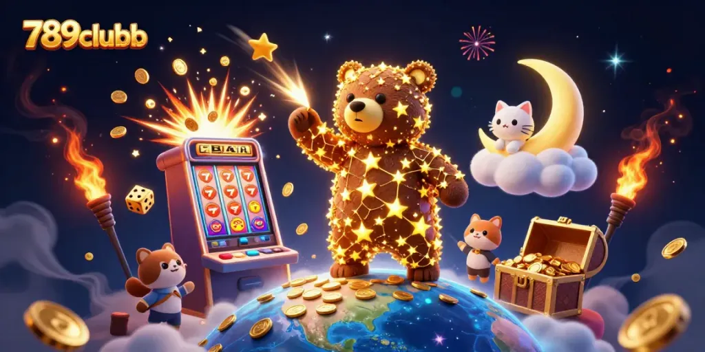 Play at 789clubb with an enchanting 3D illustration of golden stars, coins, and jackpot excitement.