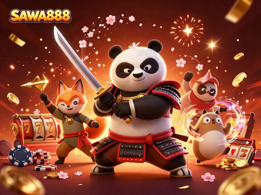 SAWA888 samurai panda and ninja fox championing a vibrant casino experience.