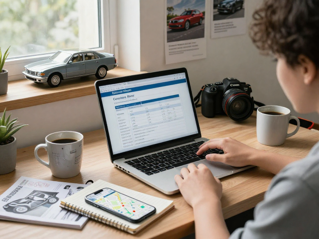 Researching a car history report online with vehicle manuals and car model on desk.