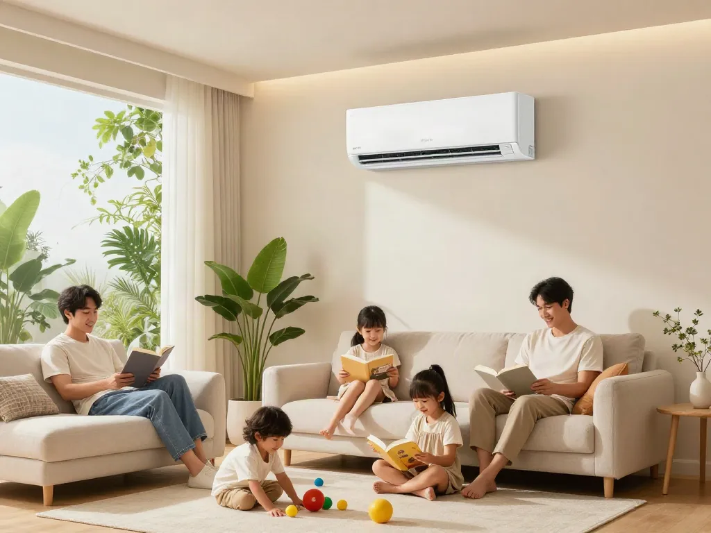 Family enjoying the comfort of a 24000 btu mini split air conditioner in a bright living room