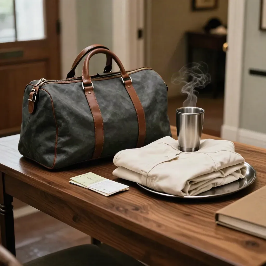 Weekend travel essentials on a hotel entry table, steam rising beside a duffel and jacket.