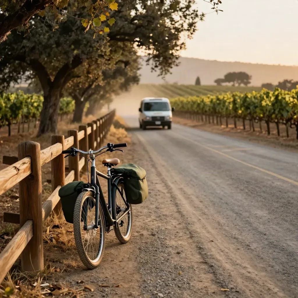 E-bike on a Napa vineyard lane with a shuttle van in the distance at golden hour.