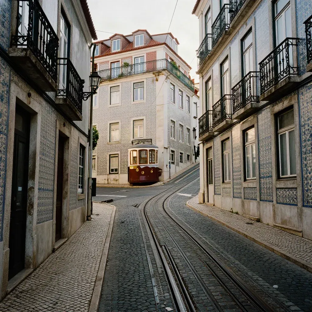 Steep Lisbon hill street with tram rails, azulejo tiles, and sunlit stucco on a late-morning slope