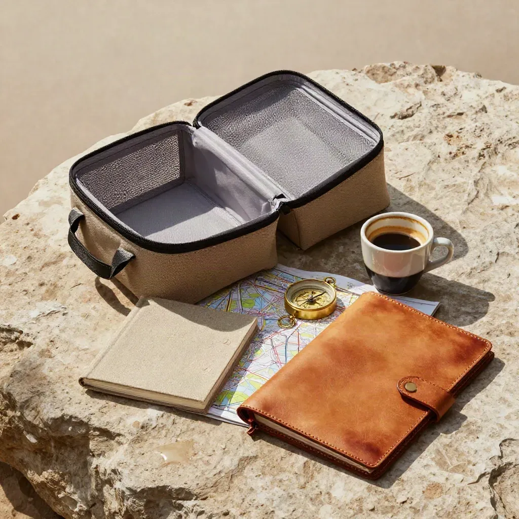 Travel planning still life with packing cube, map, compass, notebook, coffee cup and leather holder on stone.