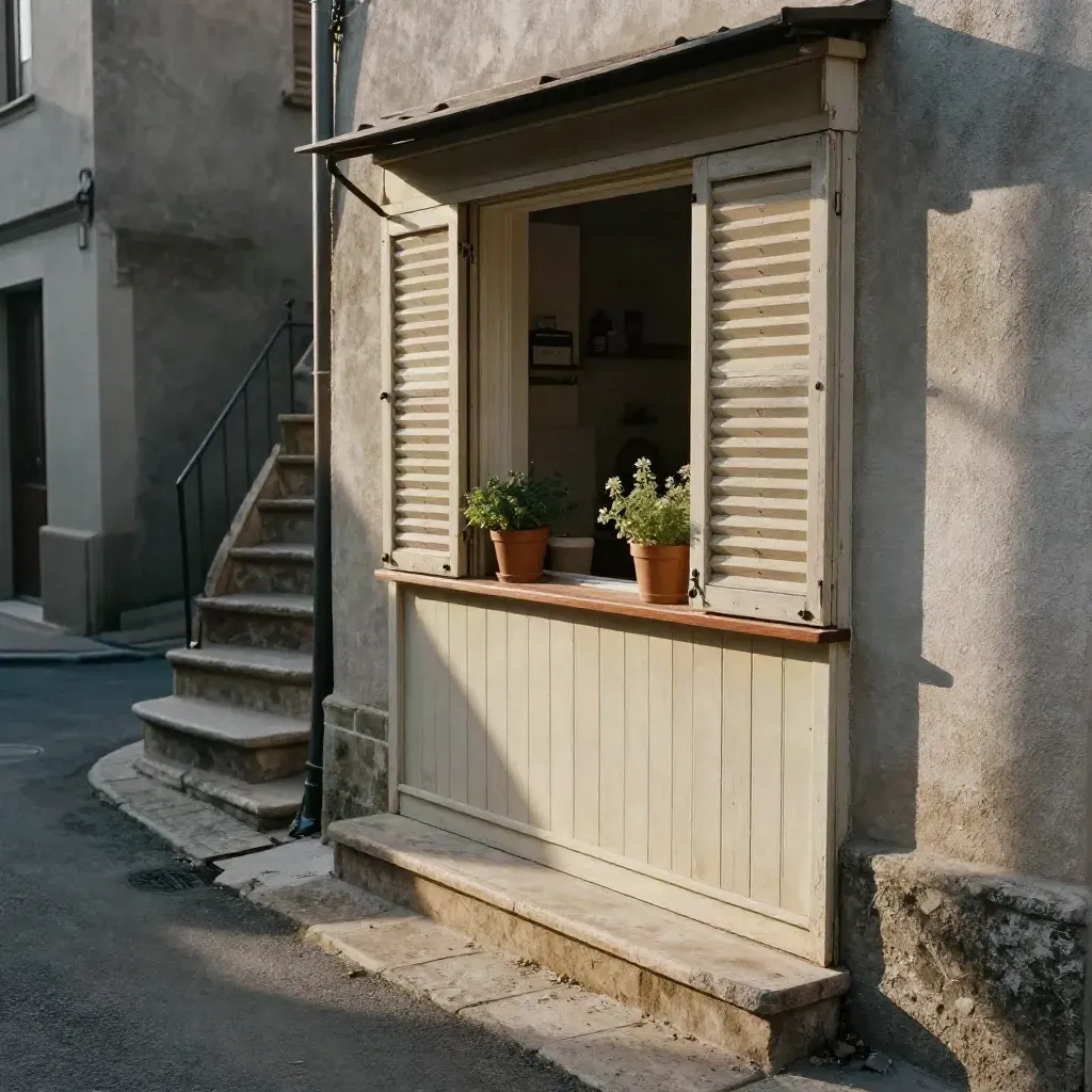 Quiet side street with shuttered bakery, herbs, turning stair, and sunlit stone steps.