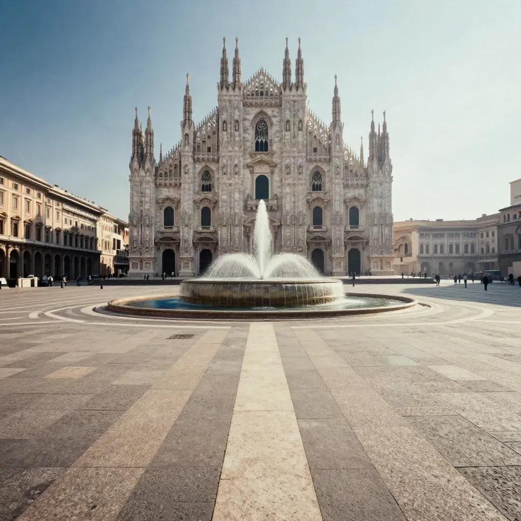Grand cathedral square with central fountain and pale stone buildings under bright midday light.