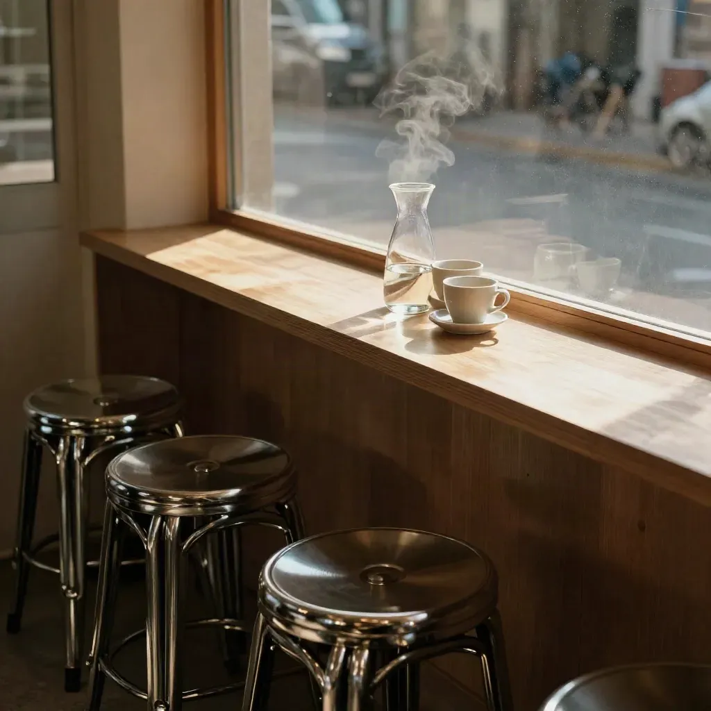 Seoul café corner with chrome stools, glass carafe, cups, and sunlit steam.
