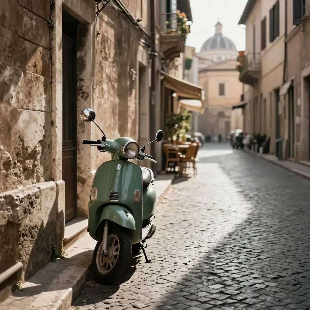 Roman side street with a parked scooter, travertine walls, and a distant dome at sunset
