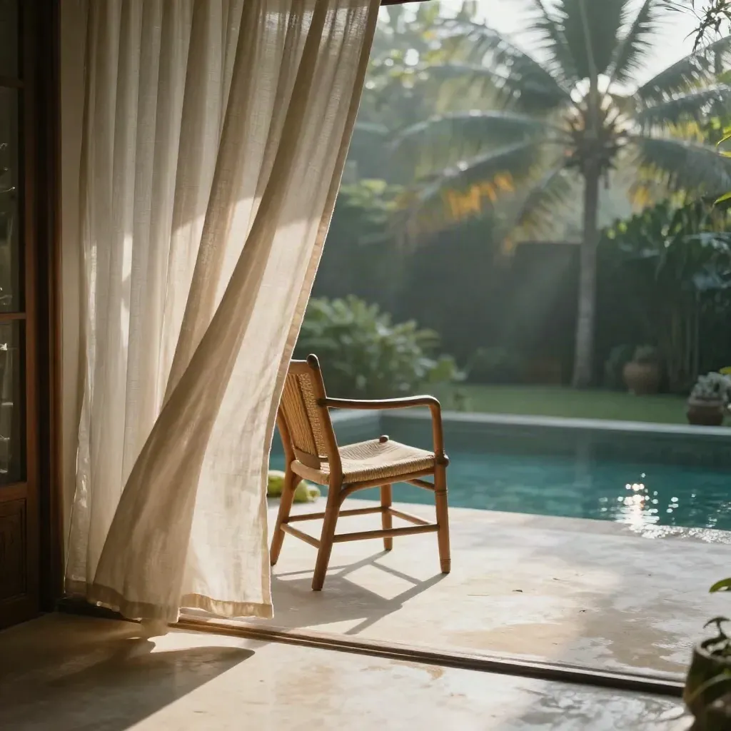 Bali veranda curtain sways beside a pool edge in soft morning light.