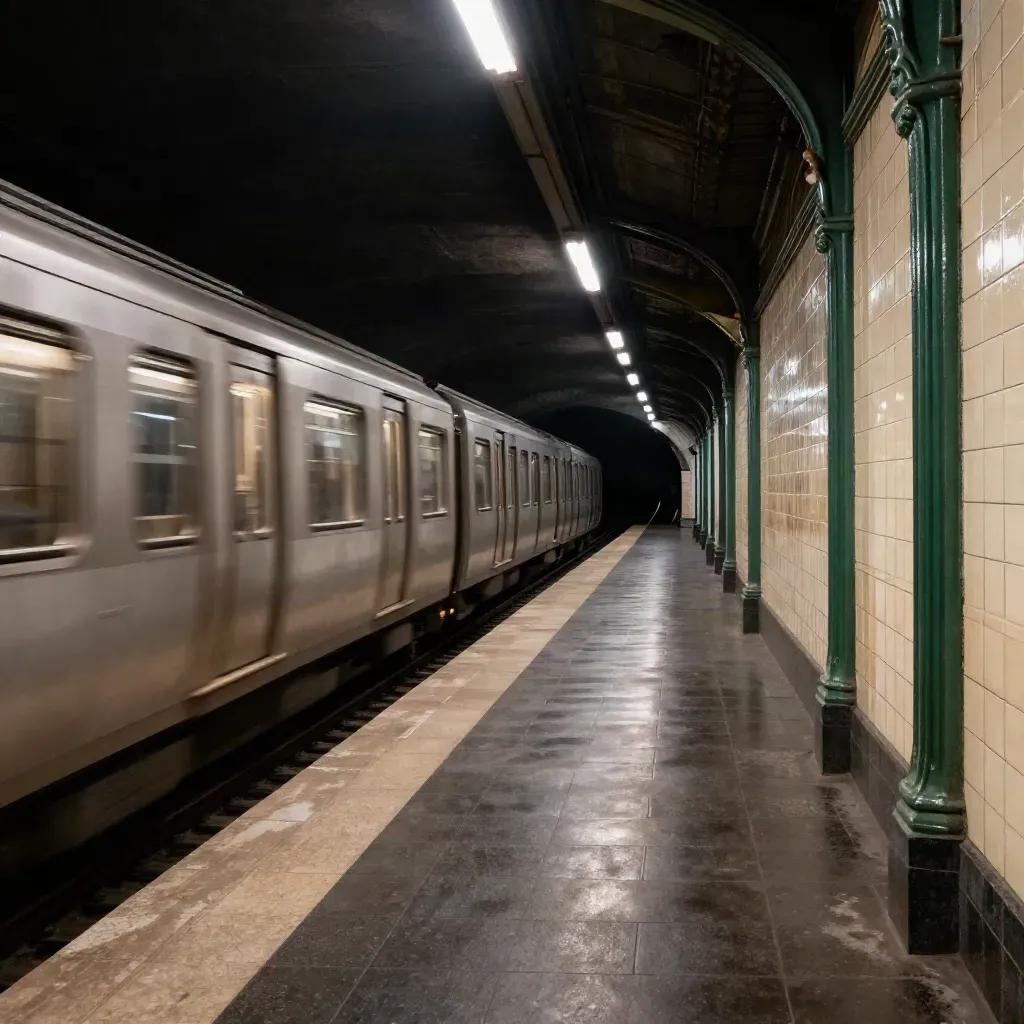 Empty Paris Métro platform, silver train departing into a dark tunnel at blue hour.